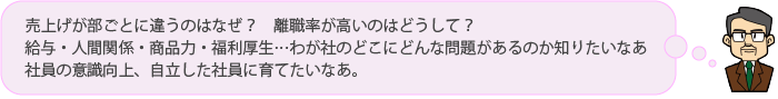 売上げが部ごとに違うのはなぜ？　離職率が高いのはどうして？給与・人間関係・商品力・福利厚生…わが社のどこにどんな問題があるのか知りたいなあ。社員の意識向上、自立した社員に育てたいなあ。